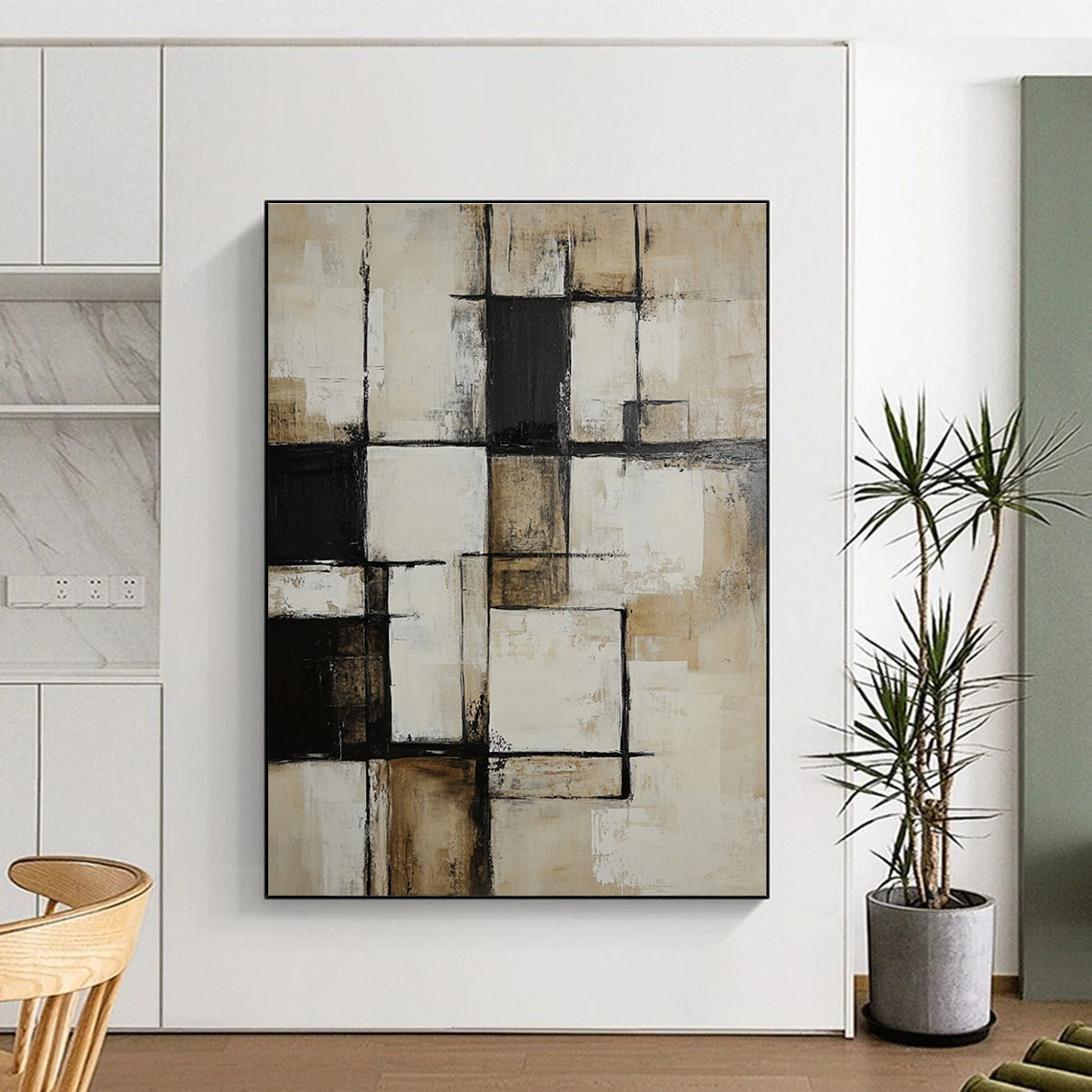 Large abstract painting of textured white and beige squares featuring black accents in a deconstructed minimalist style inspired by Peter Coller.STSC716