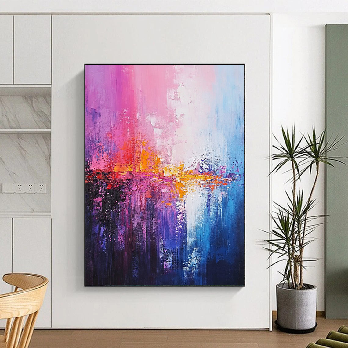 Large abstract painting of the sea featuring light pink dark blue and soft atmospheric effects in a dreamy impressionist style.STSC344
