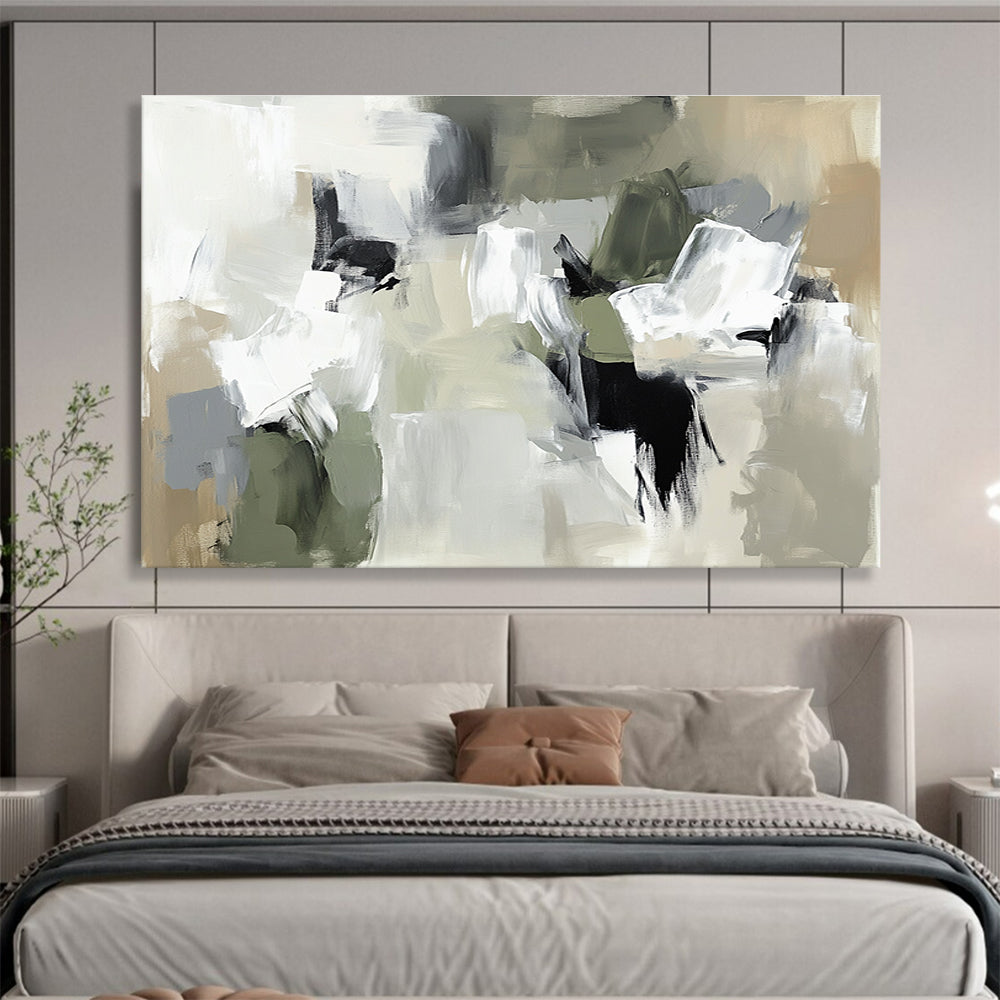 Large abstract painting in neutral tones featuring thick brush strokes and chaotic composition with beige gray and soft edges.SC245