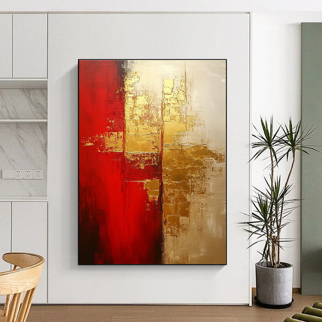 Large abstract painting in warm red and gold tones with soft brushstrokes showcasing depth and emotional warmth on a textured oil canvas.STSC824