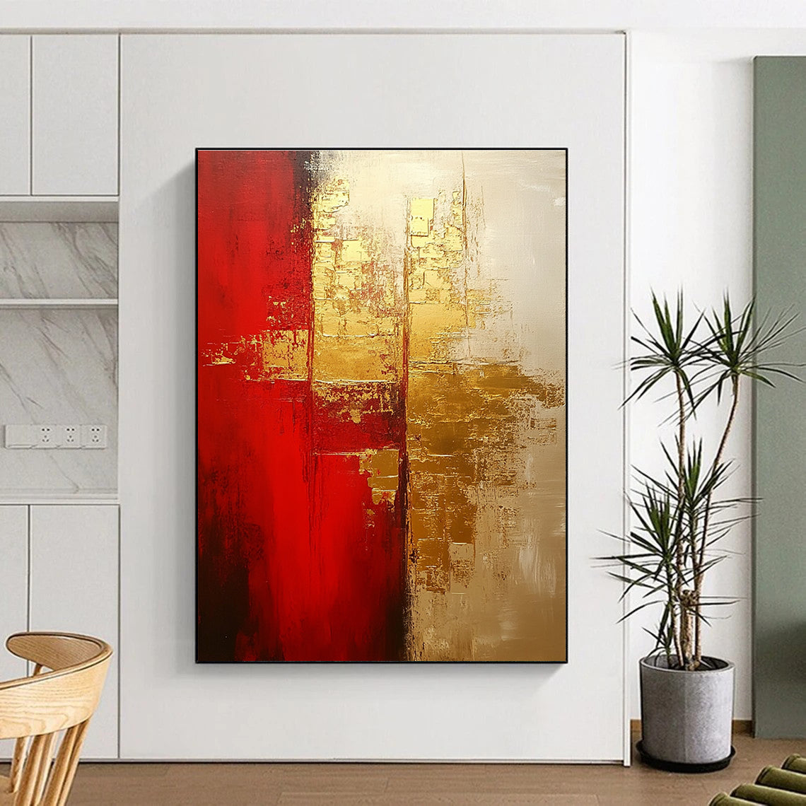 Large abstract painting in warm red and gold tones with soft brushstrokes showcasing depth and emotional warmth on a textured oil canvas.STSC824