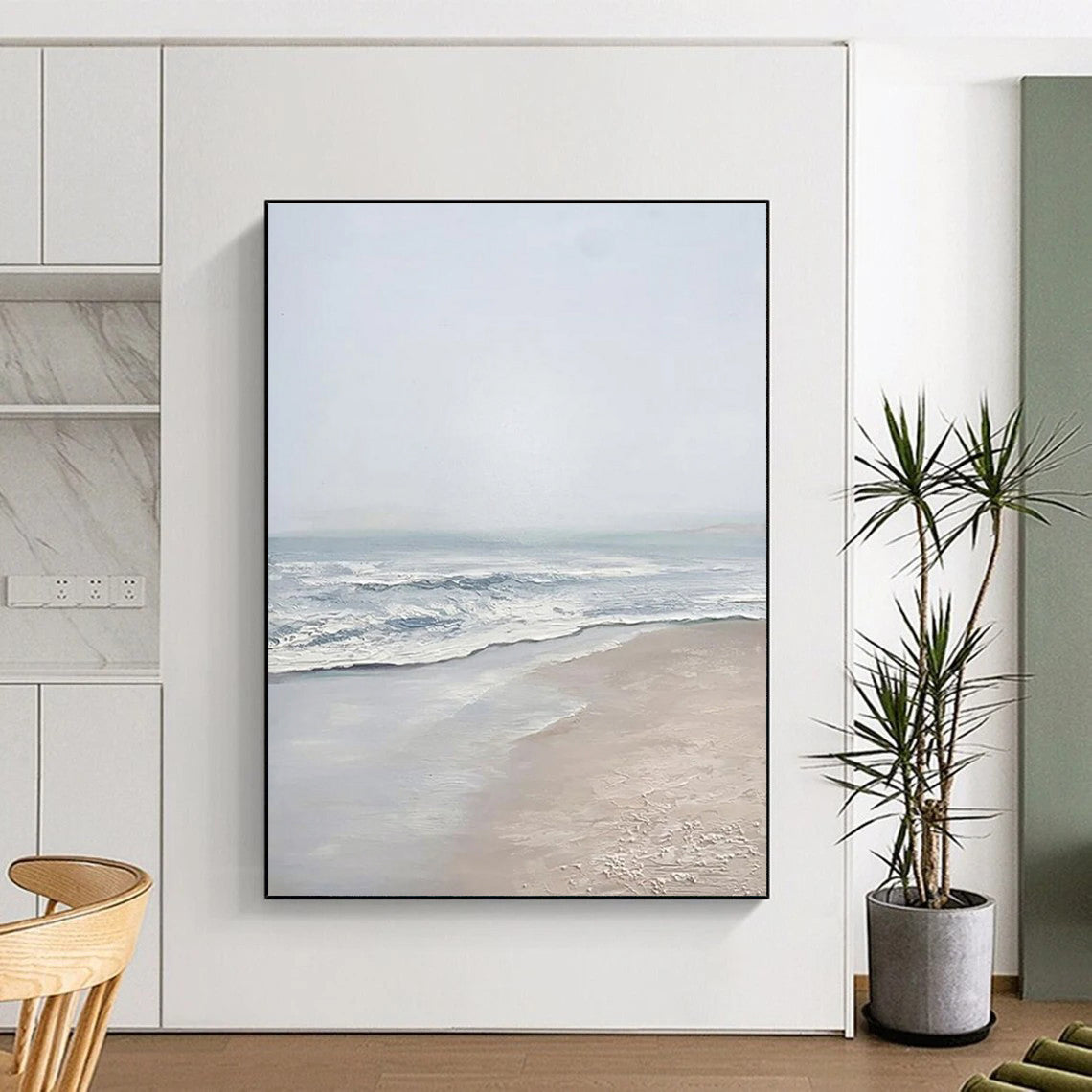 Light - toned Beach Scene Abstract Painting with Blue and Beige ADGE310