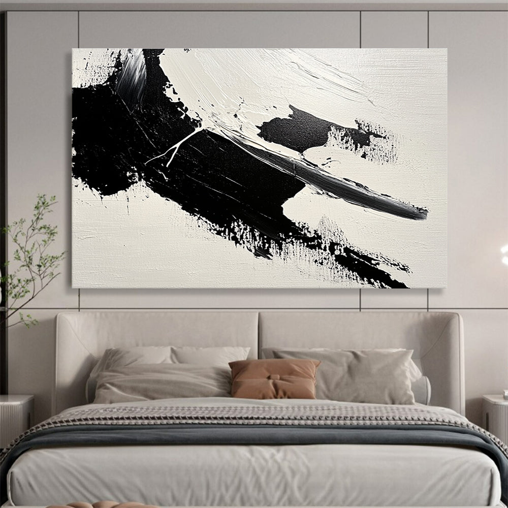 Large abstract painting featuring bold brushstrokes and textured areas of black and gray on a minimalist white background.SC574