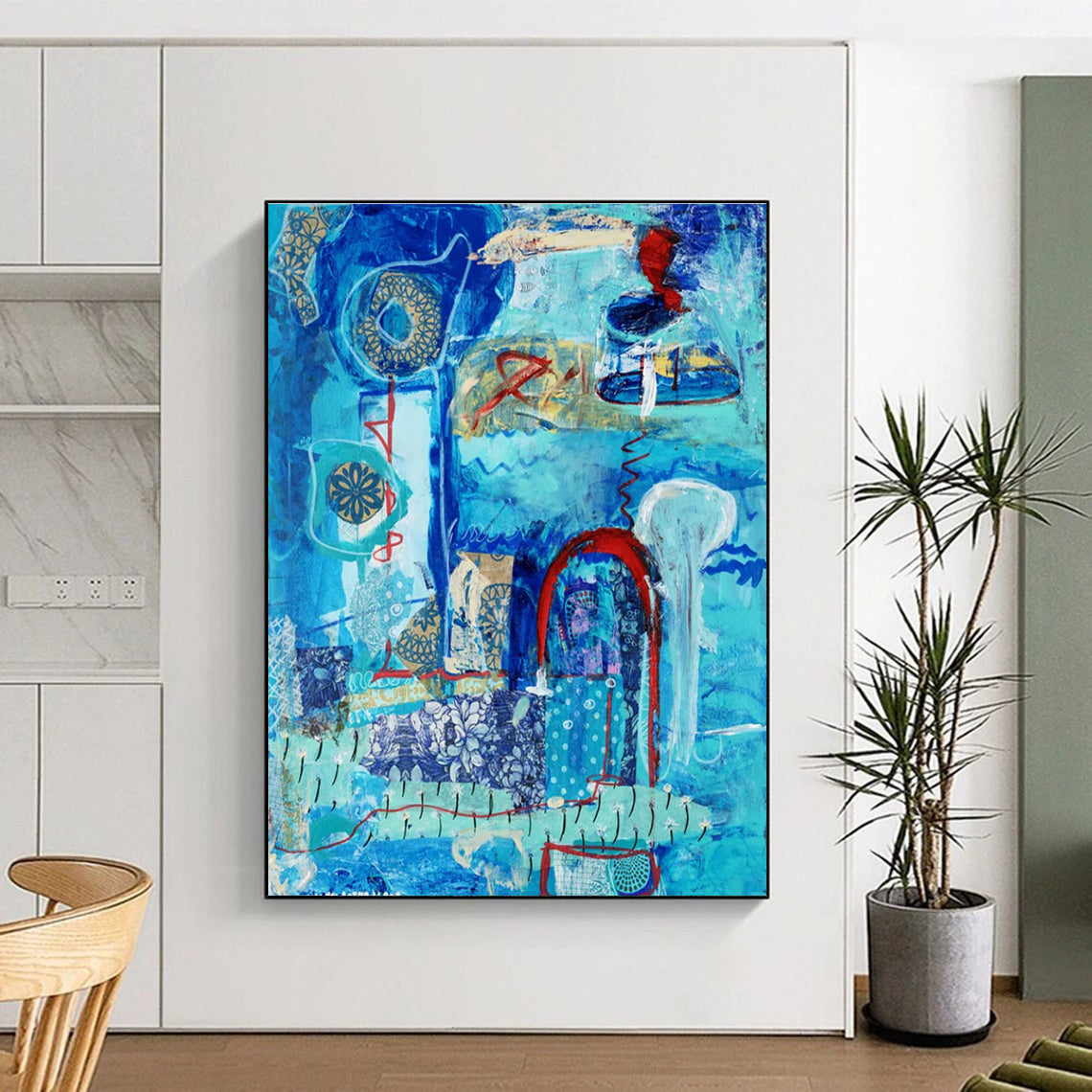 Blue - themed Collage Abstract Painting with Patterns ADGE296