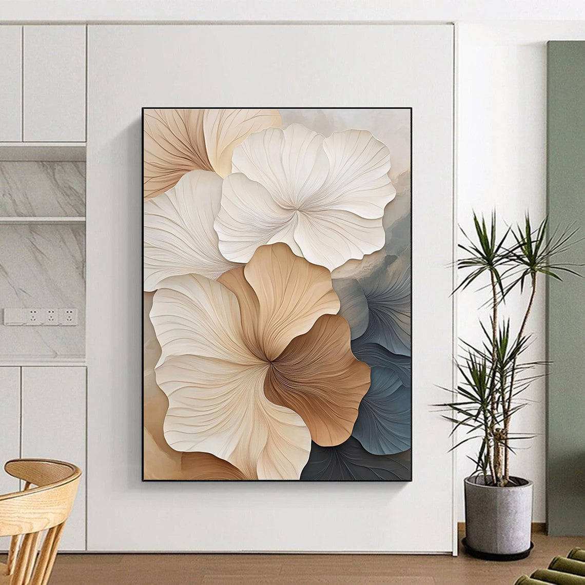 Large abstract artwork featuring textured petals in beige and white showcasing fine lines and depth against a minimalist background.STSC963