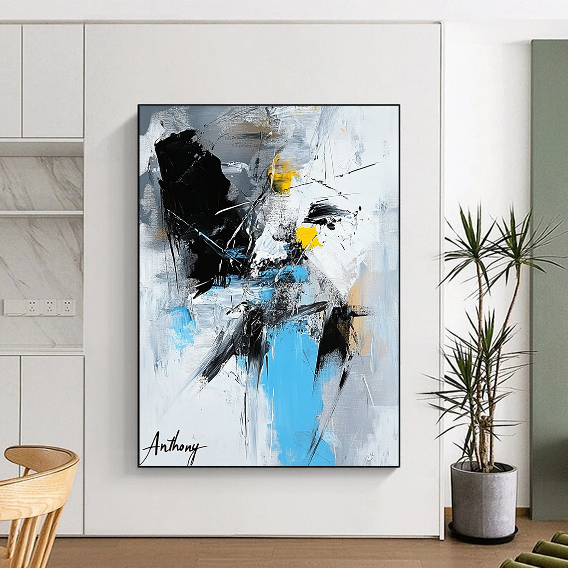 Large abstract painting featuring the name Anthony in vibrant colors with dynamic shapes and bold black brush strokes.STSC1275