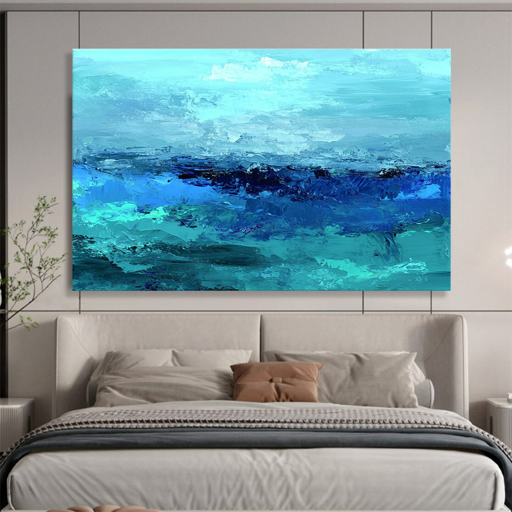 Large abstract ocean artwork in shades of aqua teal and navy with textured layers suggesting waves evokes tranquility and depth on canvas.SC035
