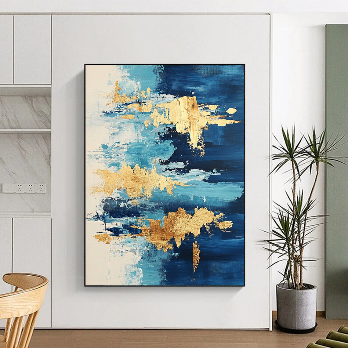 Light Blue and Gold Abstract Painting with Flowing Forms GER373