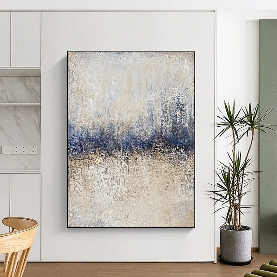 Large abstract painting featuring textured beige and blue tones with vintage aesthetics and impasto technique on a layered gray background.STSC732
