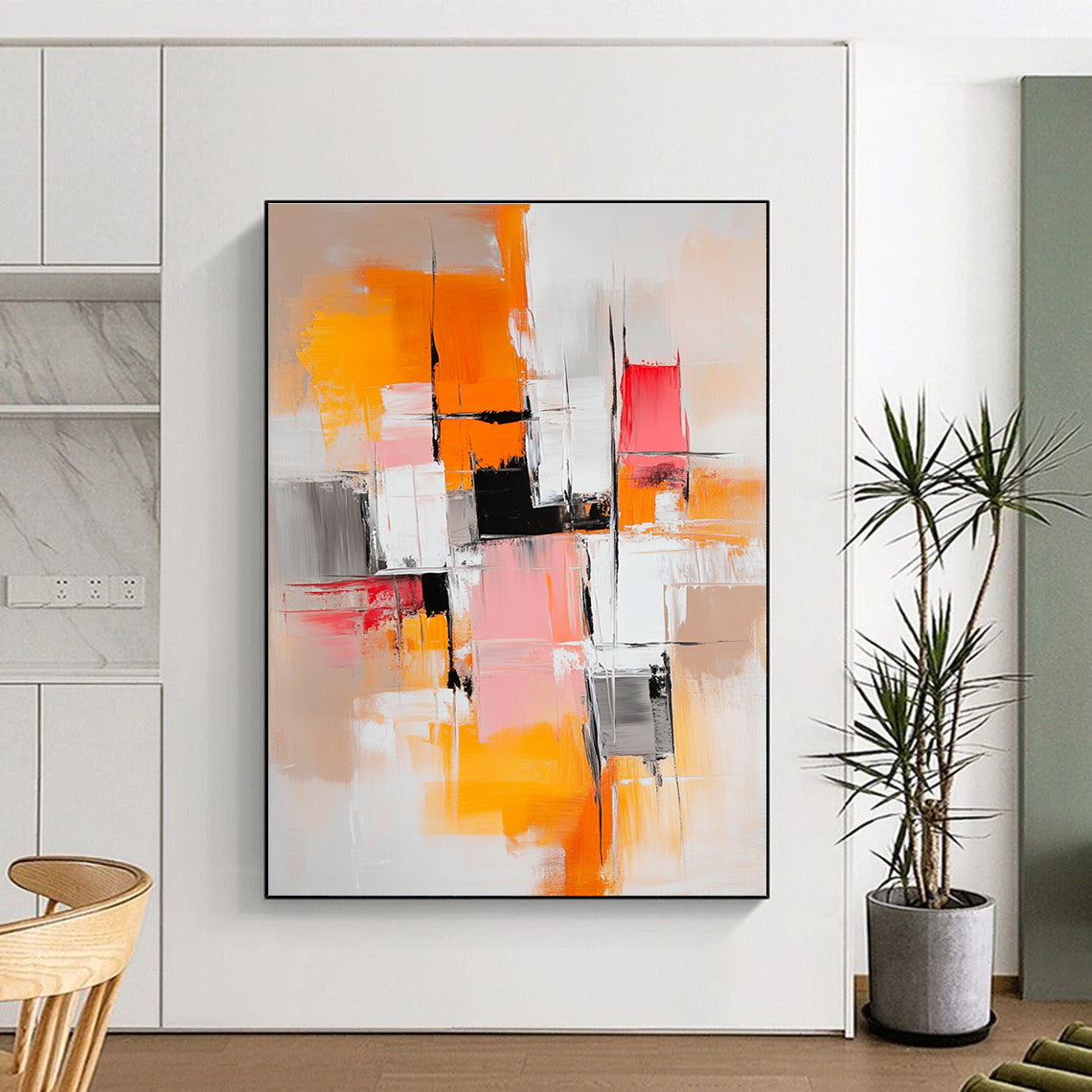 Orange Pink Gray Abstract Painting with Geometric Shapes GER760