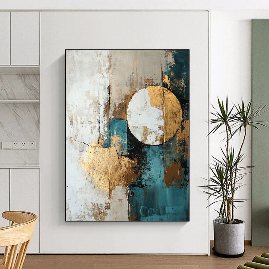 Large abstract painting featuring shapes and lines in white beige teal blue and brown with gold foil accents.STSC193