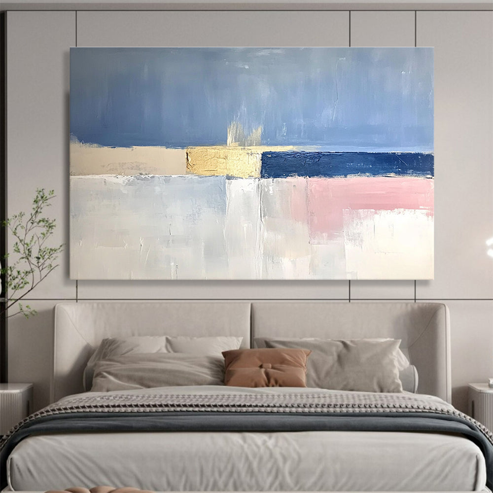 Large abstract painting featuring soft blue skies, pale pink horizons, gold highlights, and a tranquil sea in muted tones.SC025