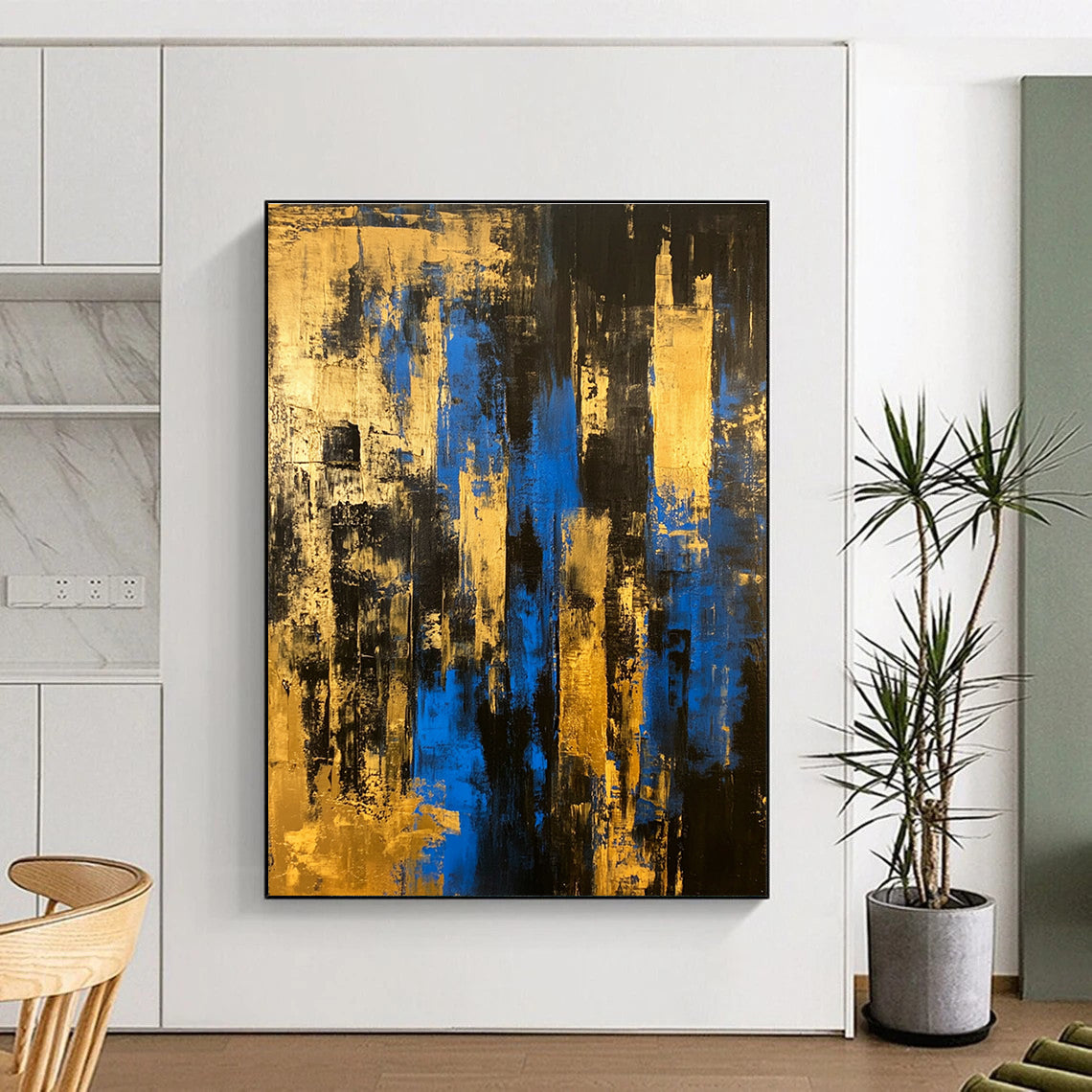 Black Gold and Blue Abstract Painting with Urban Edges GER397