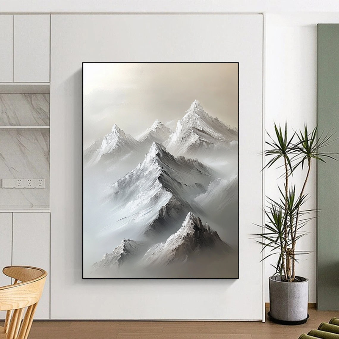 Large abstract painting of a white mountain range with gray snow peaks featuring heavy brush strokes and a minimalist neutral color palette.STSC1254