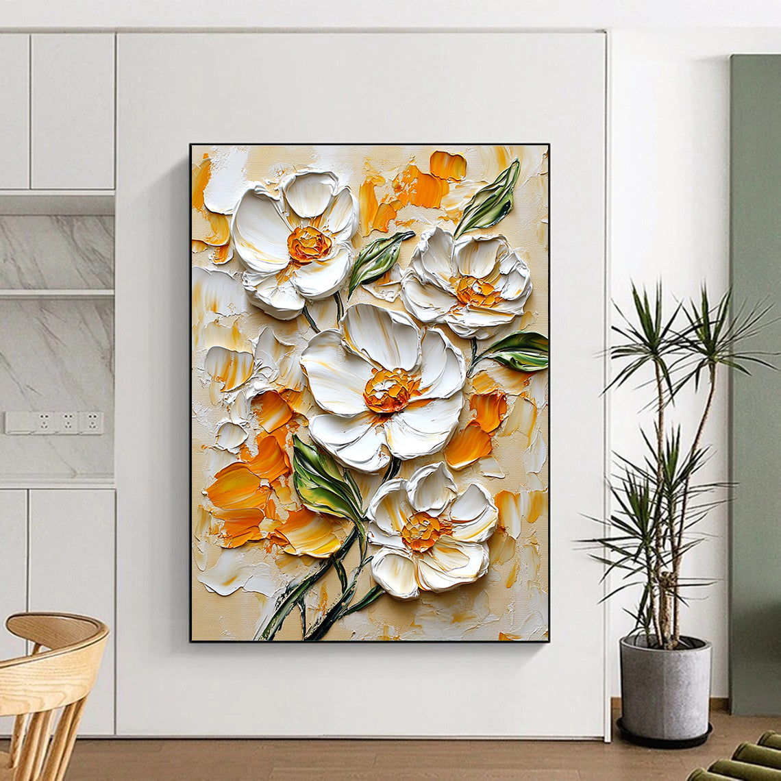 Large abstract painting of white flowers with orange and yellow accents on a beige background in impasto style with intricate details.STSC1397