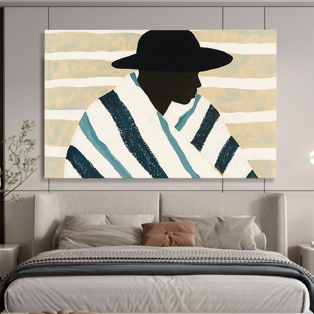 An abstract painting featuring an African man in a blue and white striped blanket against a minimalist beige background with white stripes.SC399