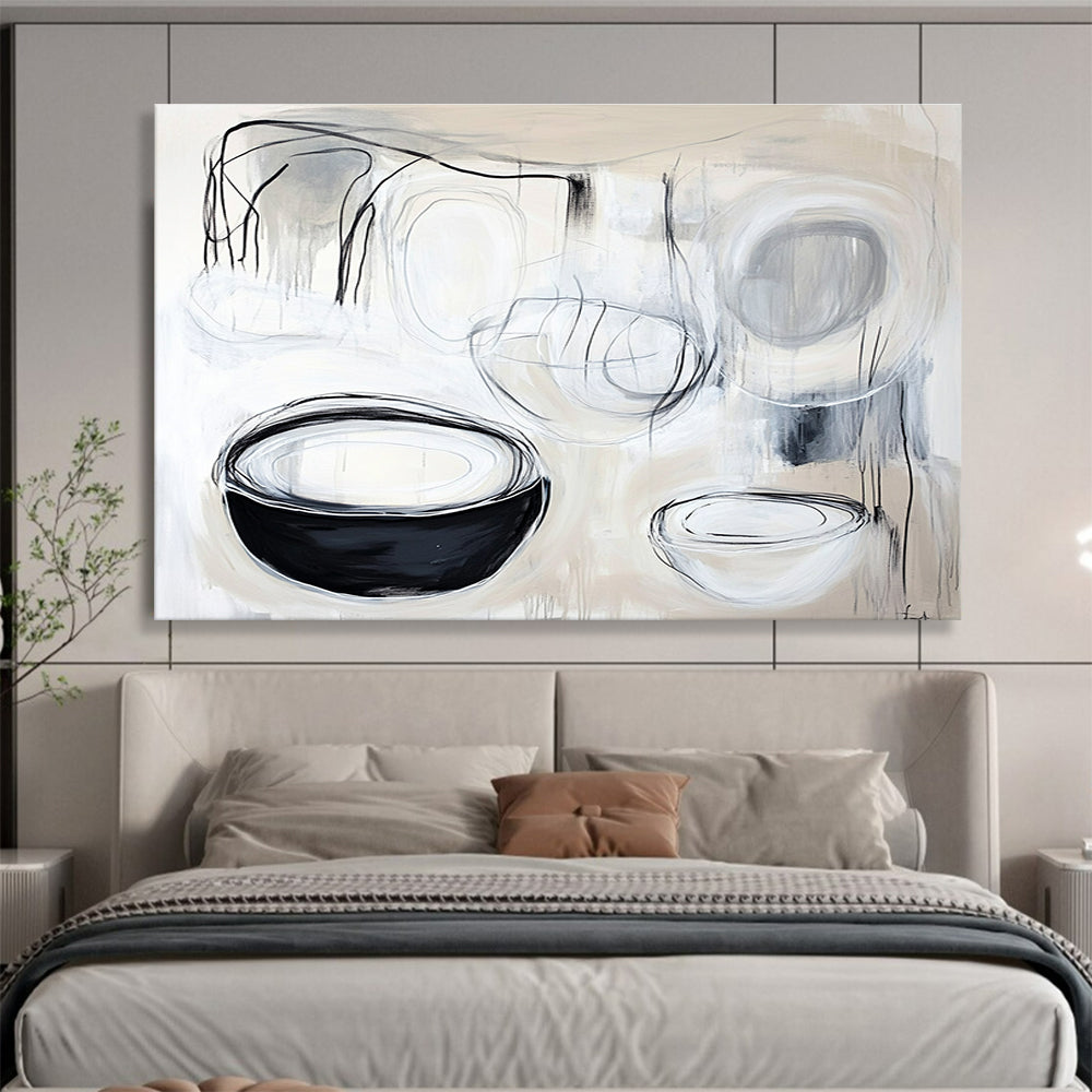 A large abstract painting featuring organic white and black lines, highlighting shapes of cups and plates with expressive black ink strokes.SC389