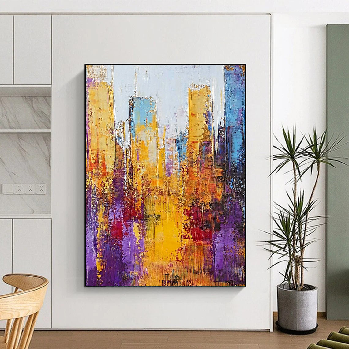Large abstract painting of a cityscape with thick brush strokes in gold and purple on a textured canvas.STSC161