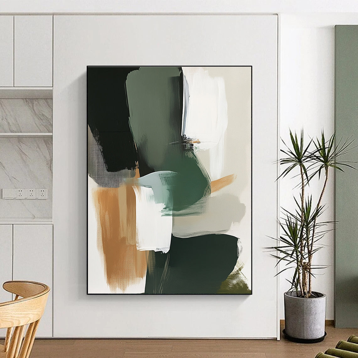 Large abstract painting featuring green grey and white tones with expressive brush strokes and organic shapes in a neutral color palette.STSC760