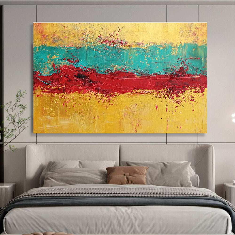 Gold Teal Red Abstract Painting with Textured Layers DYP428