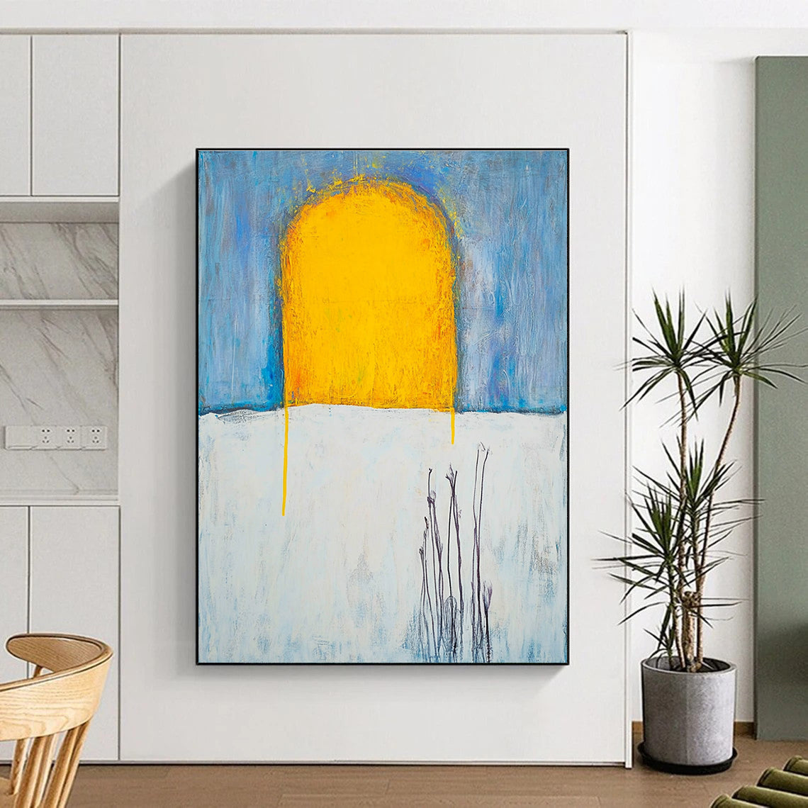 Large abstract painting with yellow sun rays on a white sky featuring textured oil paint and visible brush strokes inspired by Duchamp and Beksiński.STSC370