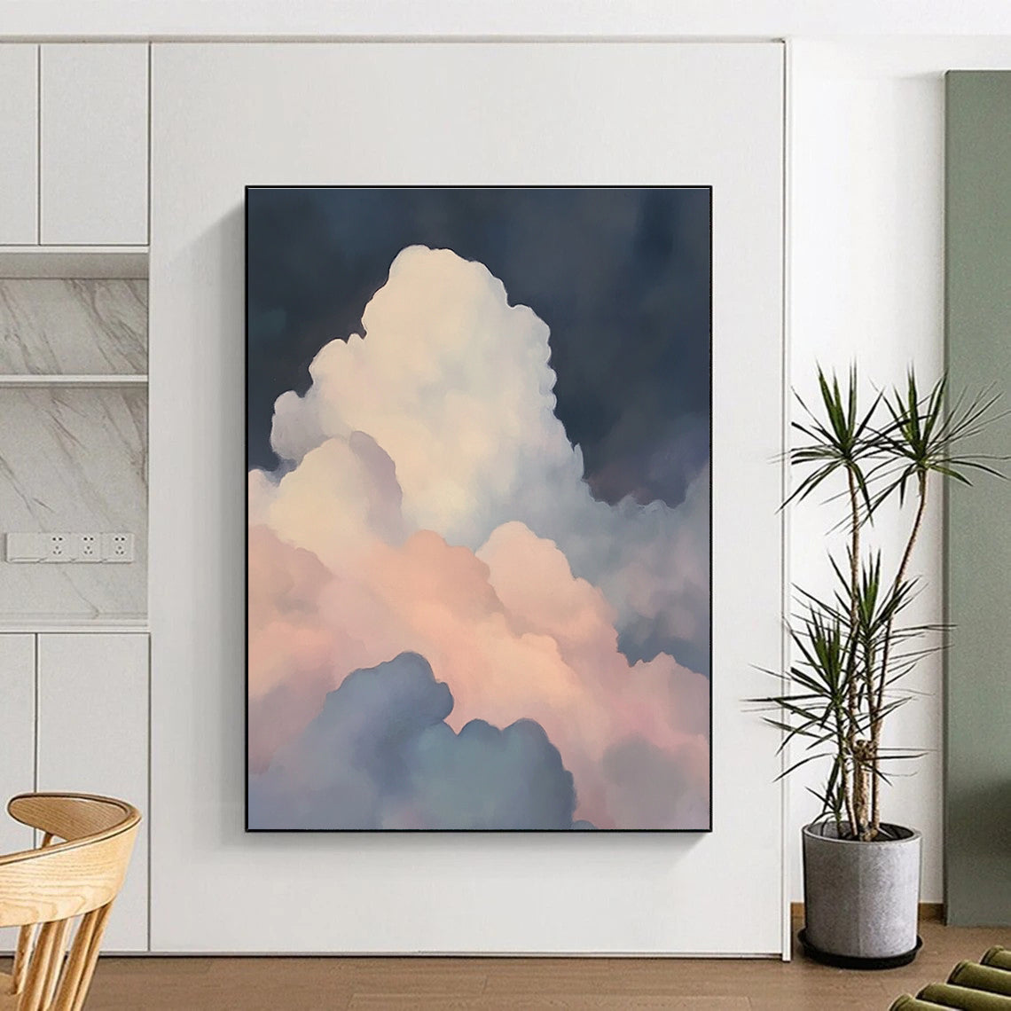 A large abstract painting featuring soft atmospheric scenes with a misty atmosphere and ethereal light shining through colorful clouds.STSC1036