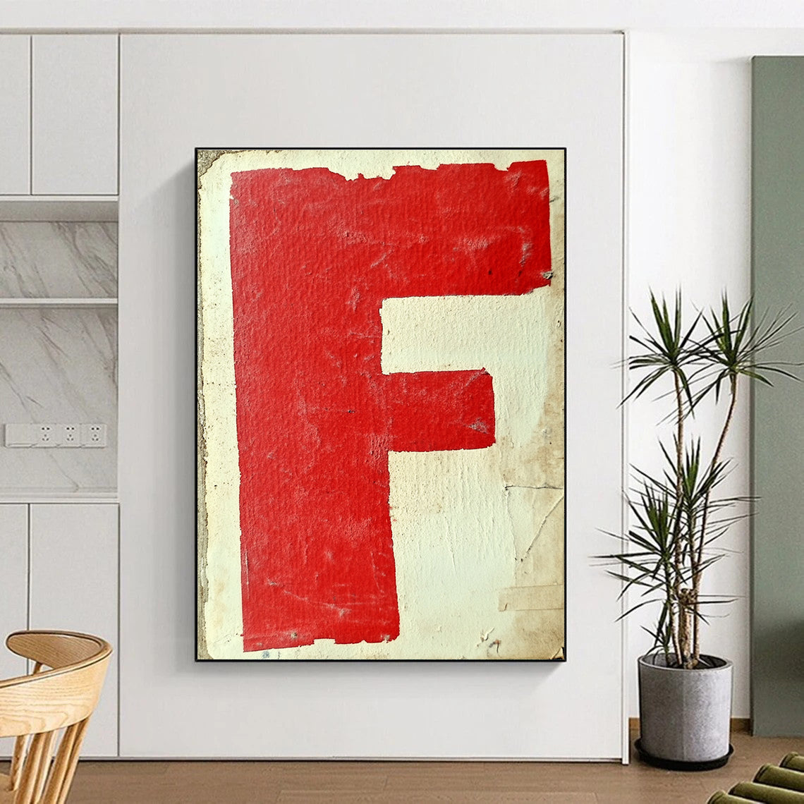Large abstract artwork featuring red and white graffiti of the letter F with simple shapes on textured paper inspired by Gerd Arntz style.STSC1415