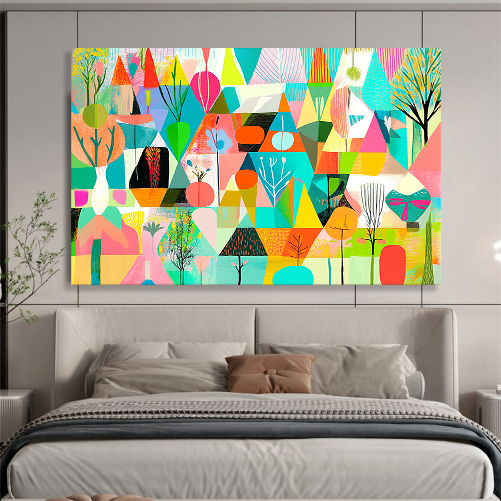 A large abstract painting featuring vibrant geometric shapes in shades of green pink blue yellow and orange with floral elements and nature motifs.SC563