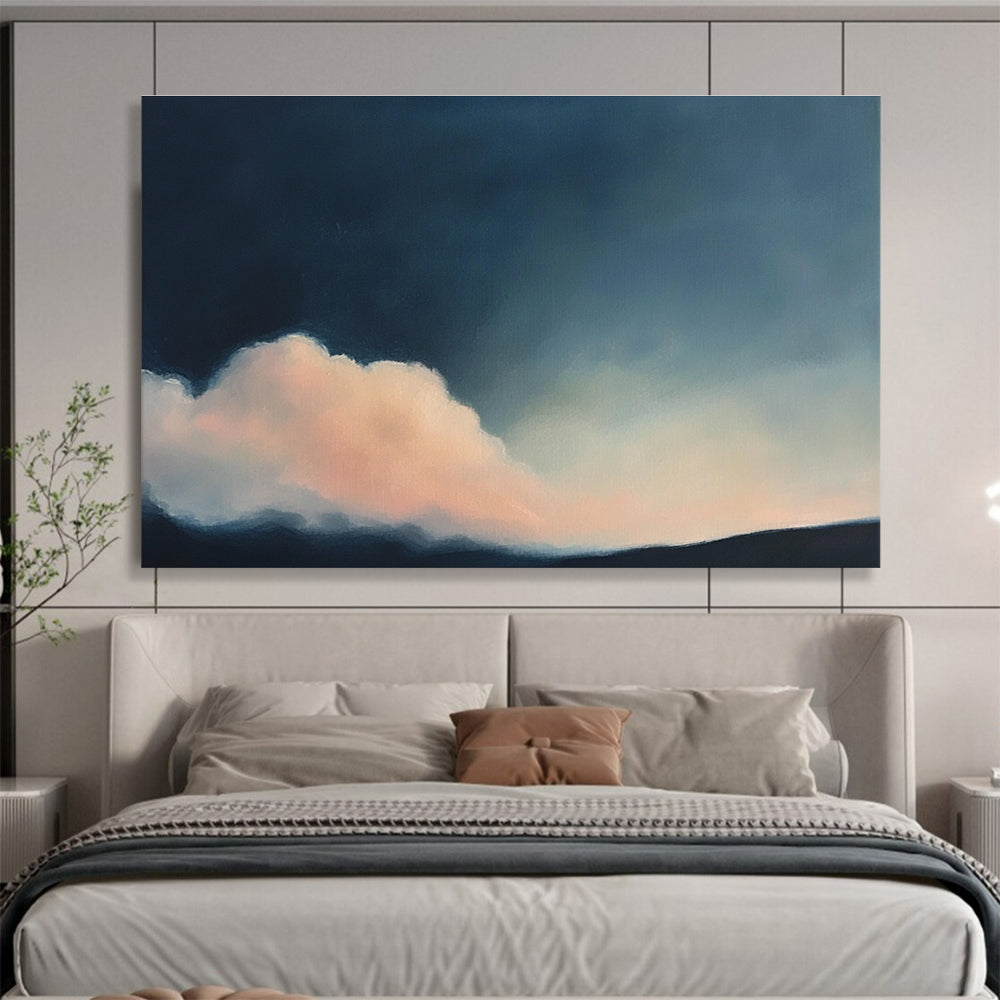 A large abstract painting of clouds in soft pink and dark blue, inspired by Cecily Mary Barker's atmospheric style.SC408