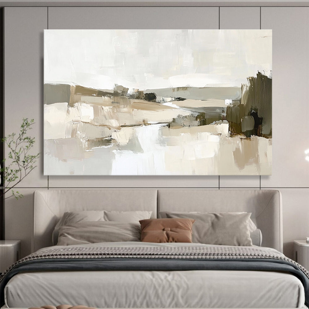 Large abstract oil painting of the French countryside with thick brush strokes depicting a river and hills in muted earth tones.SC128