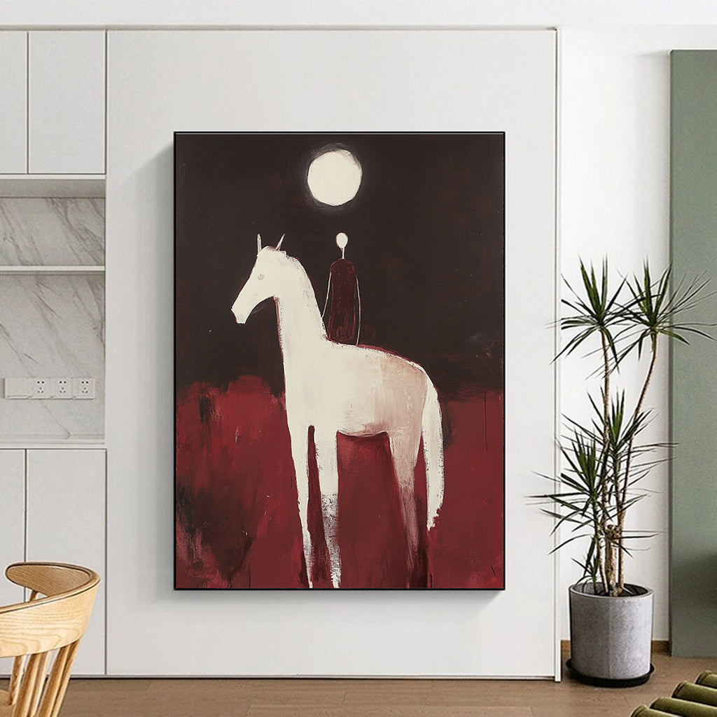 Large abstract painting of an Arabian horse and rider with minimalist forms against a dark red background illuminated by a full moon.STSC572