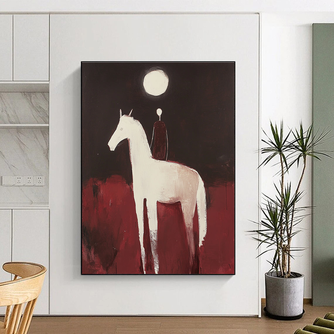 Large abstract painting of an Arabian horse and rider with minimalist forms against a dark red background illuminated by a full moon.STSC572