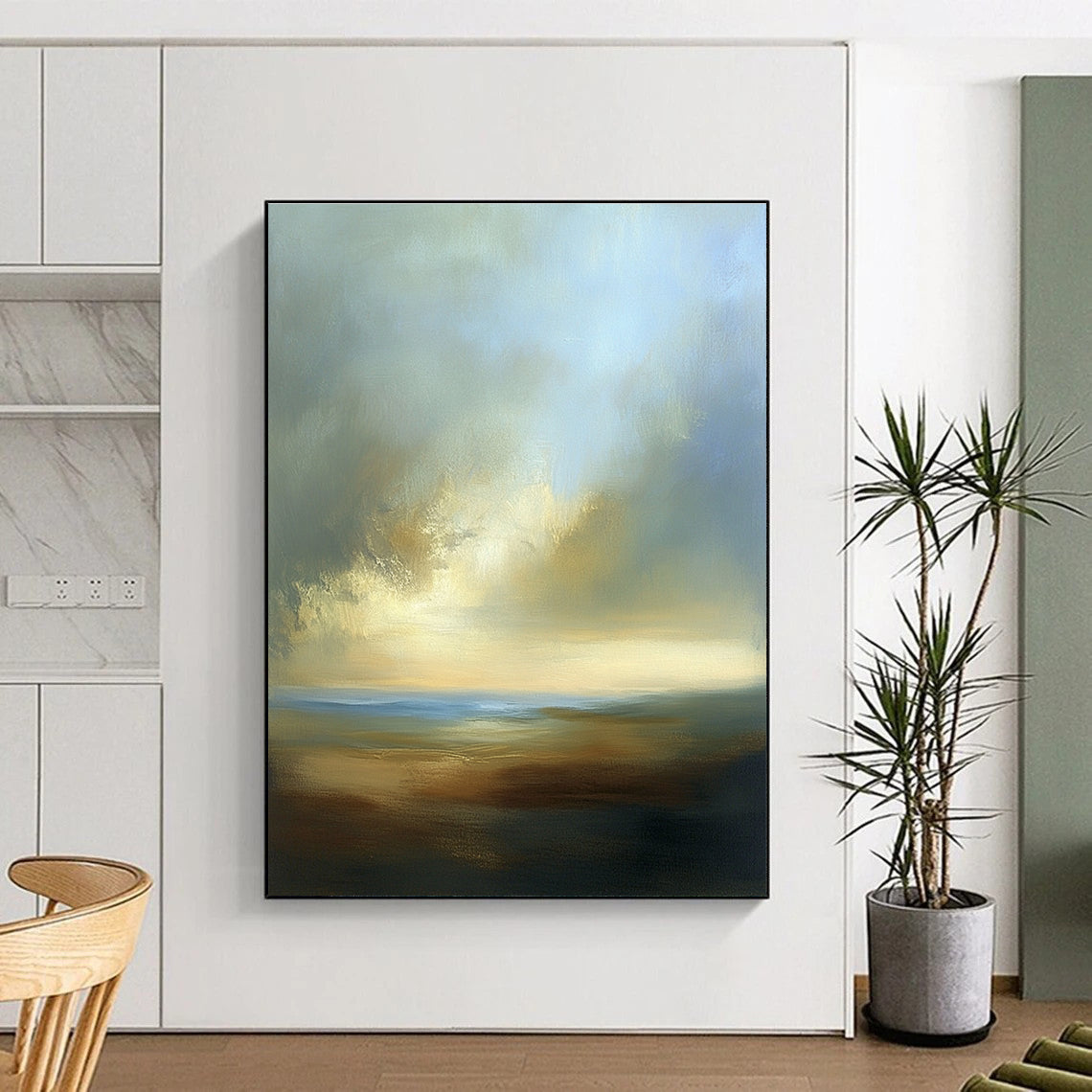Large abstract painting depicting a dreamy sky with soft blues browns whites and beige clouds over a serene horizon at sea level.STSC886