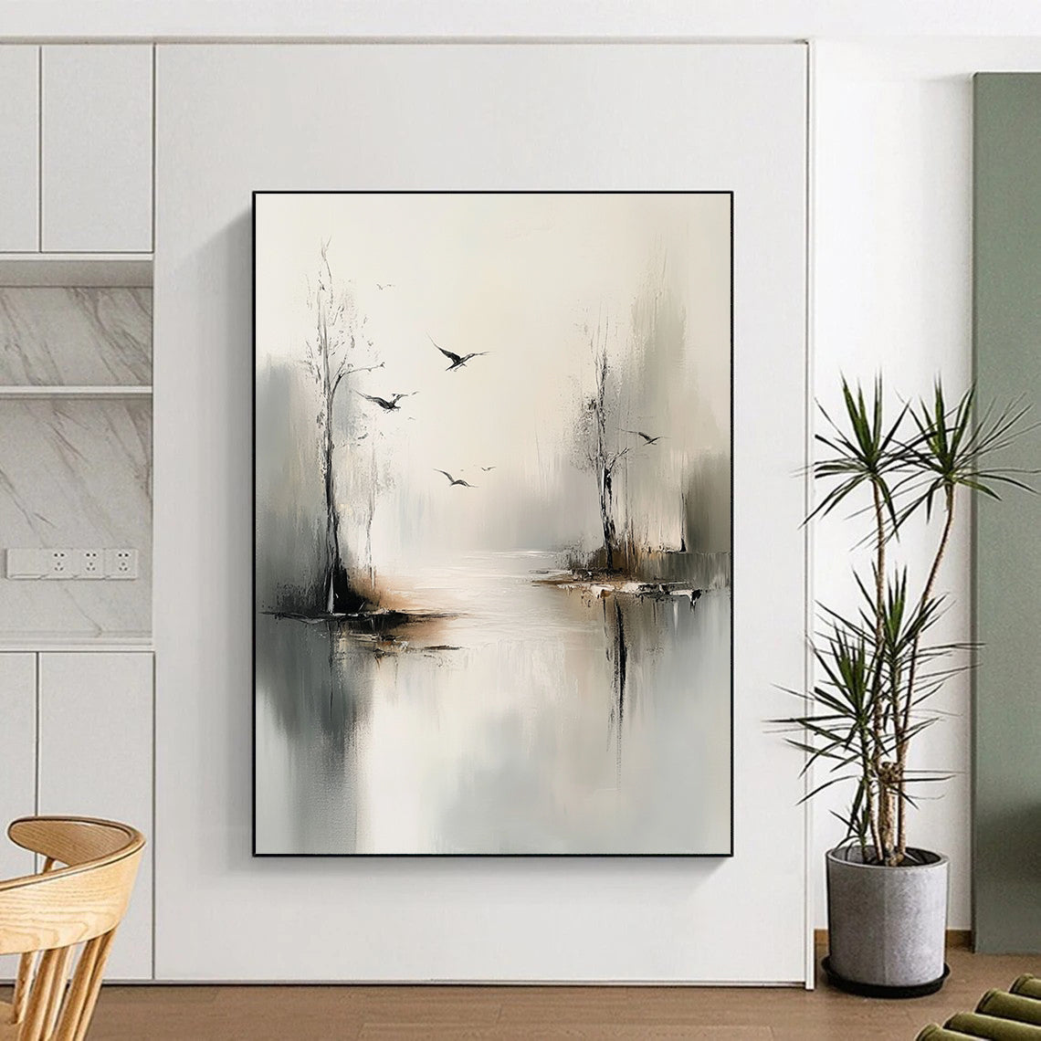 Large abstract painting of trees and birds over water in gray tones with a minimalist style and dreamy mood.STSC351