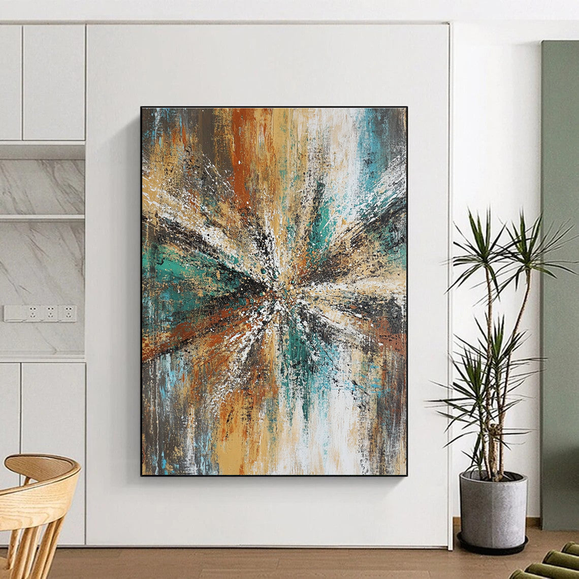 Colorful Burst Abstract Painting with Radiating Textures GER818