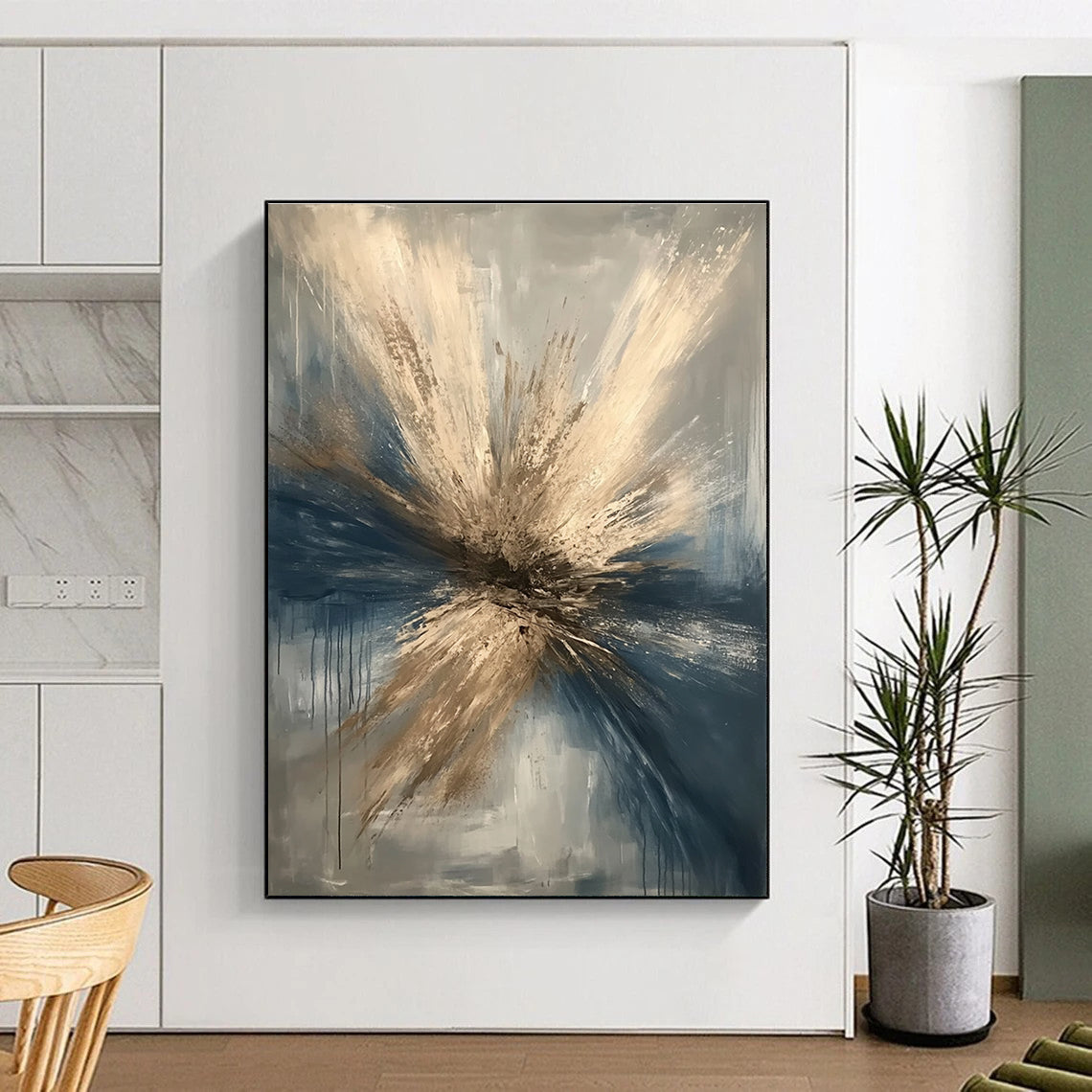 Large abstract painting depicting a winter tornado in beige and dark blue with gray background featuring a detailed metallic focal point suggesting destruction.STSC644