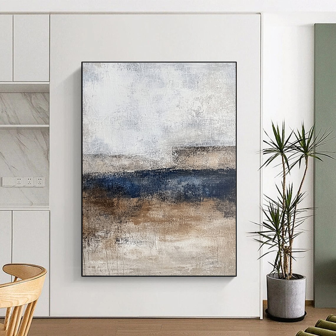 Neutral Tones Abstract Painting with Gray Beige and Blue GER340
