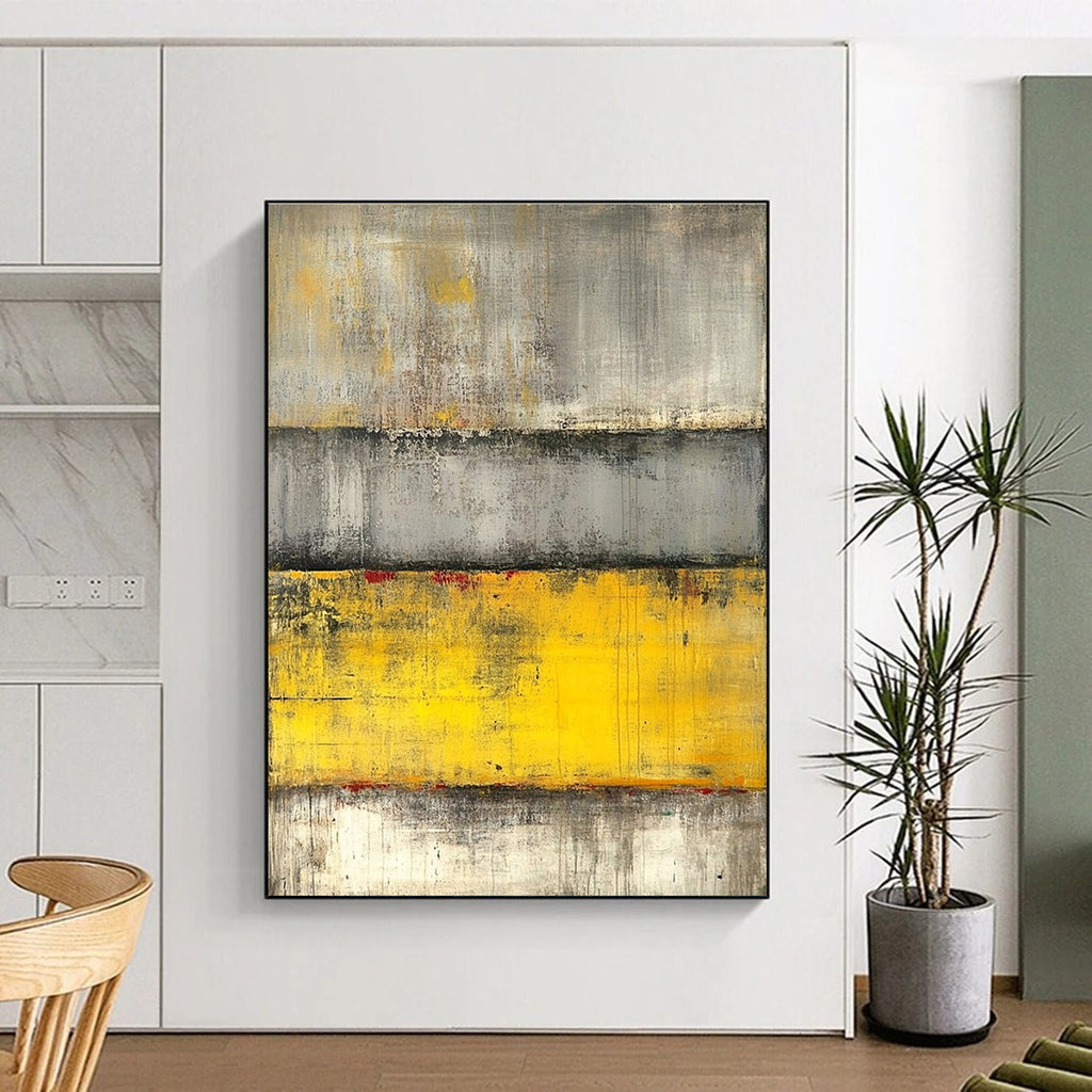 Gray and Yellow Abstract Painting with Textured Layers GER542