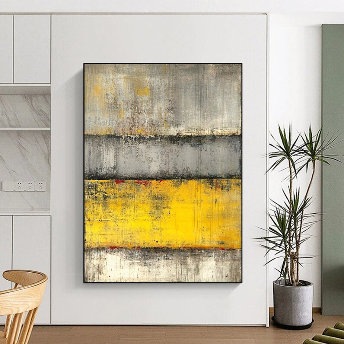 Gray and Yellow Abstract Painting with Textured Layers GER542