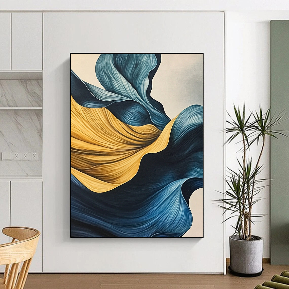 Blue and Yellow Flowing Abstract Painting with Smooth Curves GER049