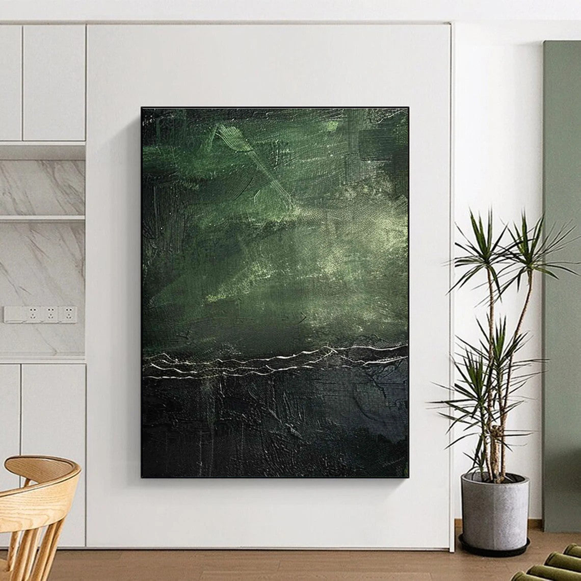 Dark Green Textured Abstract Painting with Subtle Highlights ADGE493