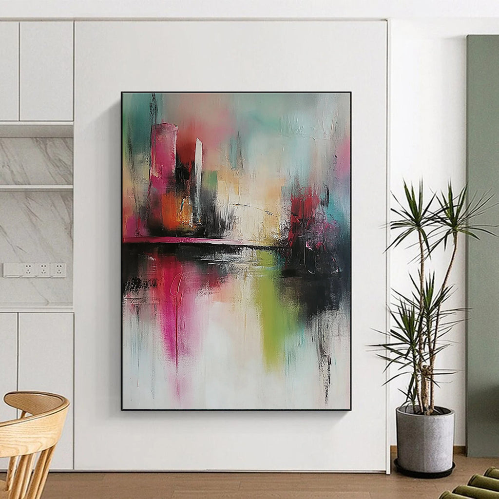 Large abstract painting with soft tones expressive brush strokes and a modern style featuring a city and river background in delicate details.STSC432
