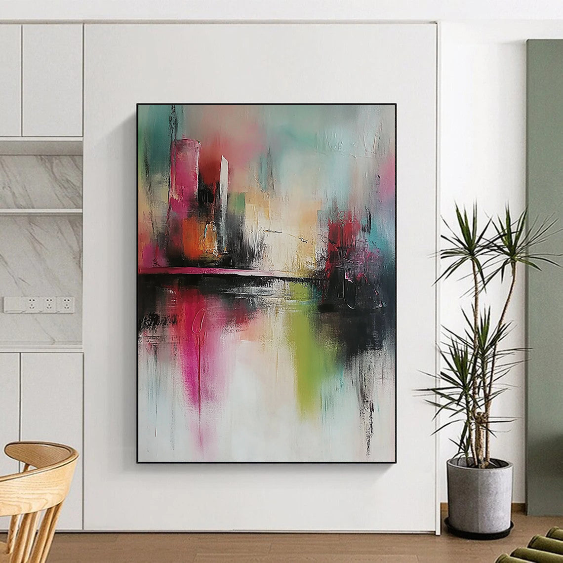 Large abstract painting with soft tones expressive brush strokes and a modern style featuring a city and river background in delicate details.STSC432