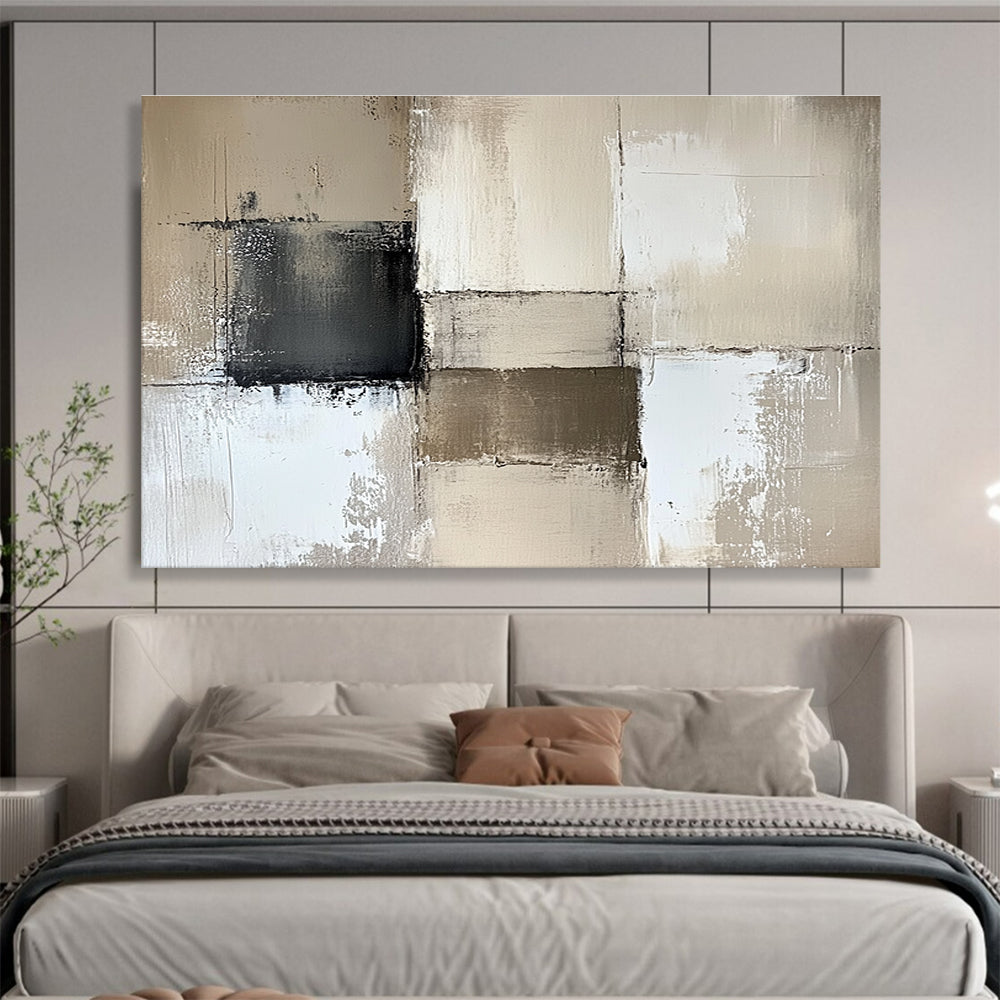 Large abstract painting in beige and white with textured brush strokes and gray accents, perfect for enhancing neutral wall decor.SC369