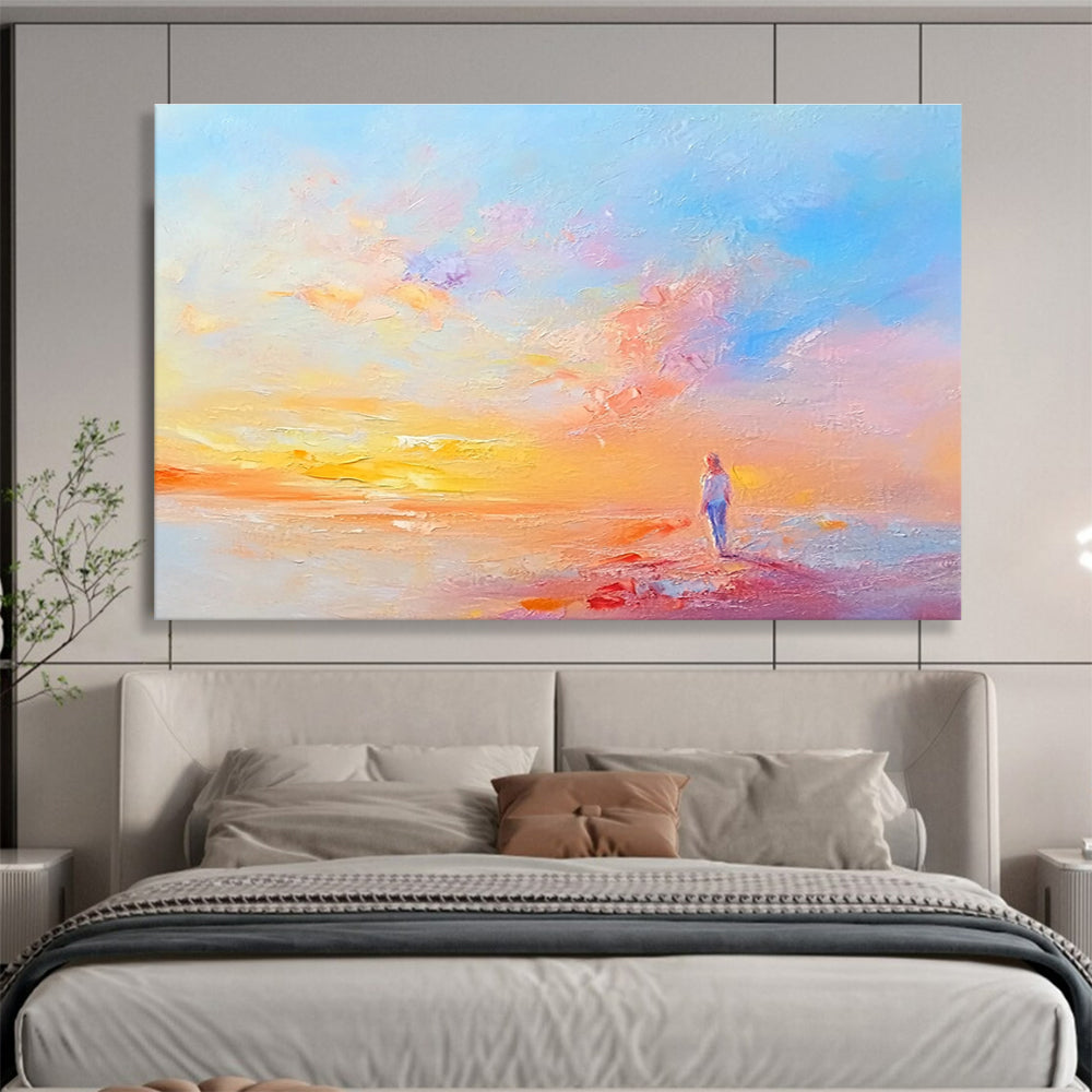 Large abstract painting featuring serene pastel colors soft brushstrokes and tranquil landscapes evoking a peaceful atmosphere at dawn.SC281