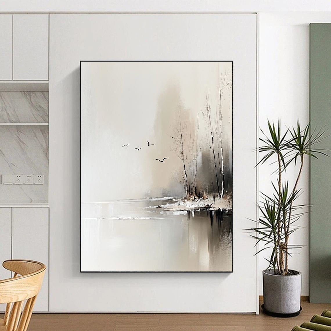 Large abstract painting depicting trees by an icy lake with flying birds, featuring neutral colors and delicate textures in a serene minimalist style.STSC105