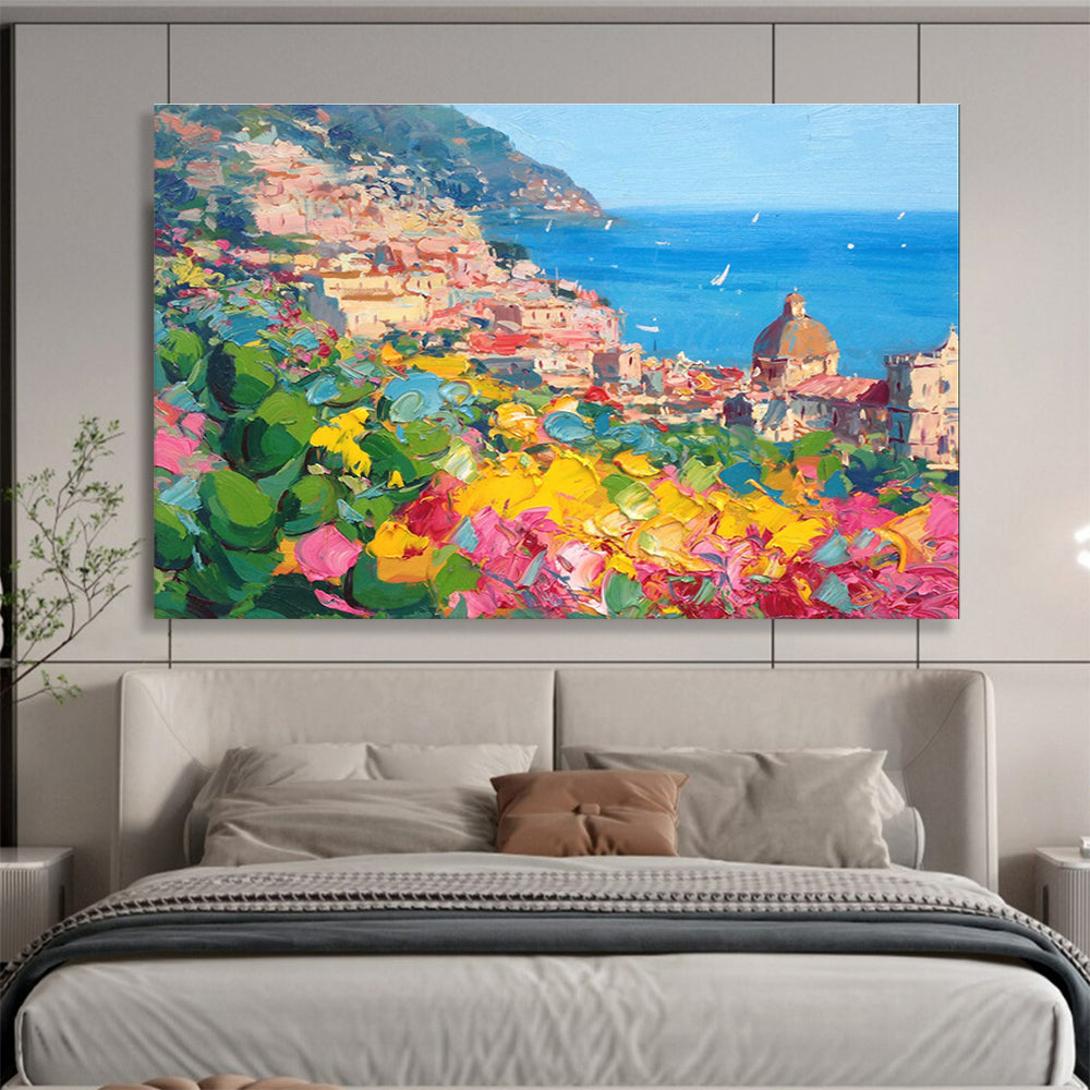Pink Yellow Blue Hillside Coastal Town Painting THY488