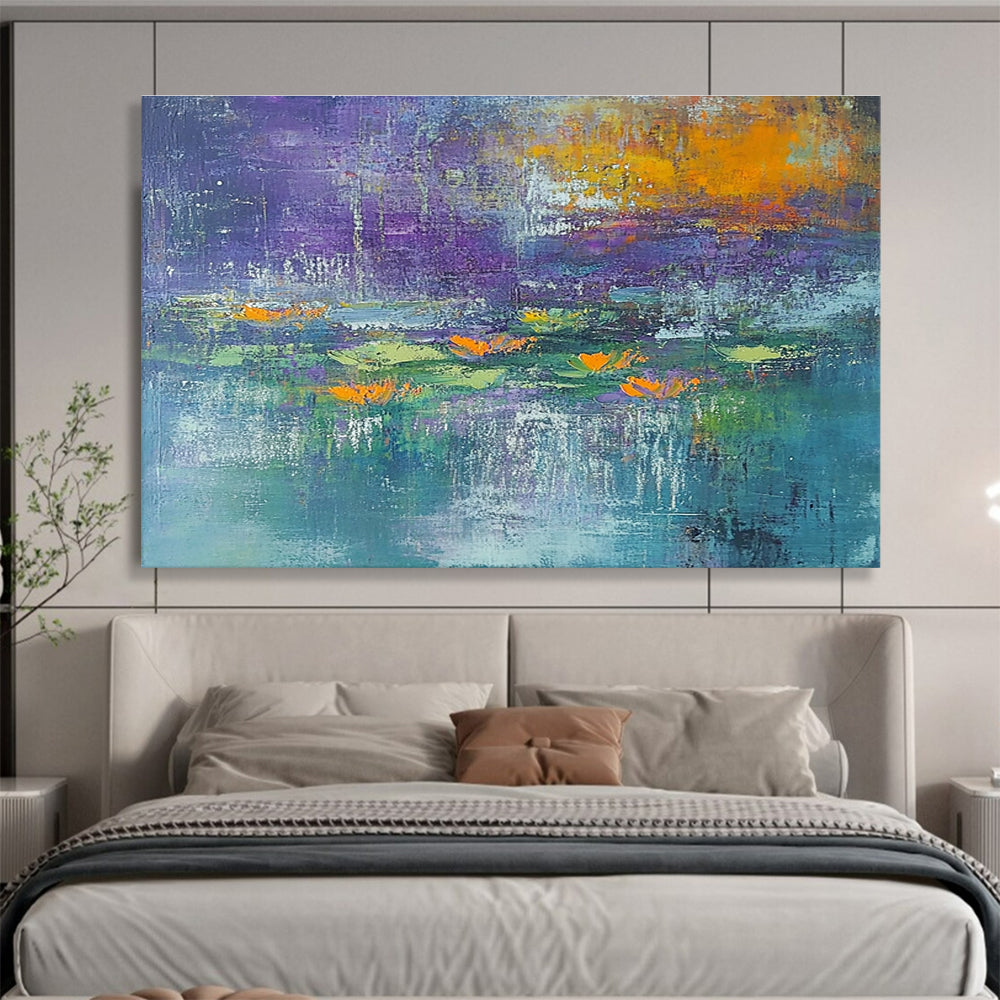 A large abstract painting featuring textured strokes in teal and purple with hints of orange and yellow, depicting serene water lilies at dawn.SC433