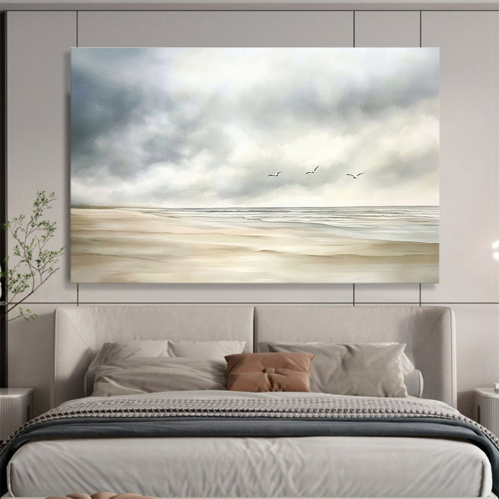 Large abstract watercolor depicting a calm beach scene with muted colors, seagulls in the distance, and a soft cloudy sky on a white background.SC616