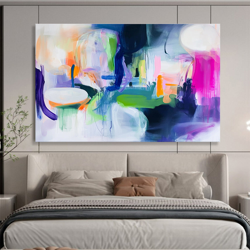 A large abstract painting featuring bright neon colors, thick brush strokes and loose shapes in white, green, purple, blue, pink, orange, and yellow.SC373